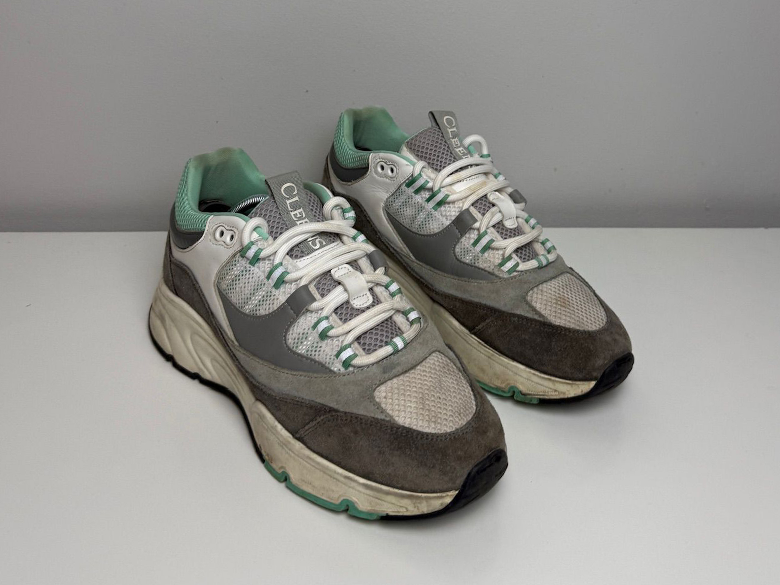Grey Cleens suede and mesh runner before restoration